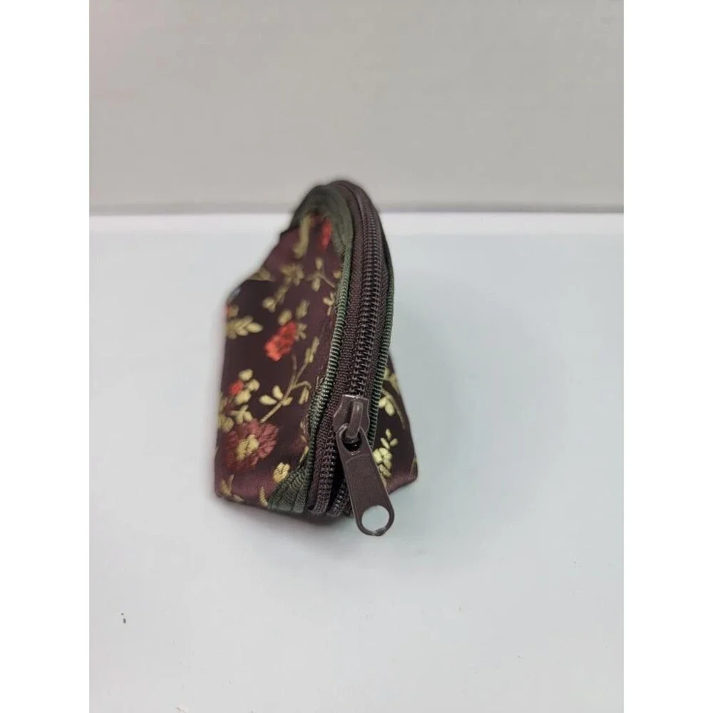 Vintage Asian Brocade Floral Coin Purse Brown Gold Small Zippered Makeup Pouch